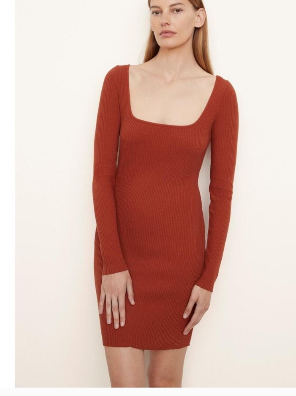 Vince Women's Ribbed Square-Neck Long Sleeve Dress - Rust size L NWT